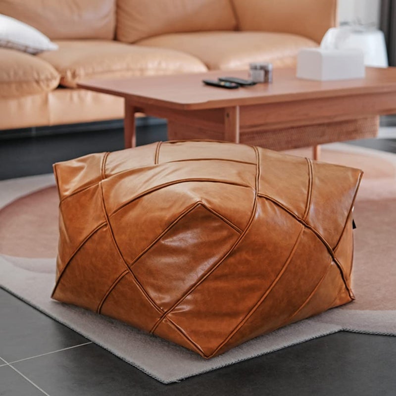 OLizee 2047 x 1496 Unstuffed Faux PU Leather Moroccan Pouf Cover Storage Ottoman Square Floor Cushion Footstool for Living Room Light Brown
