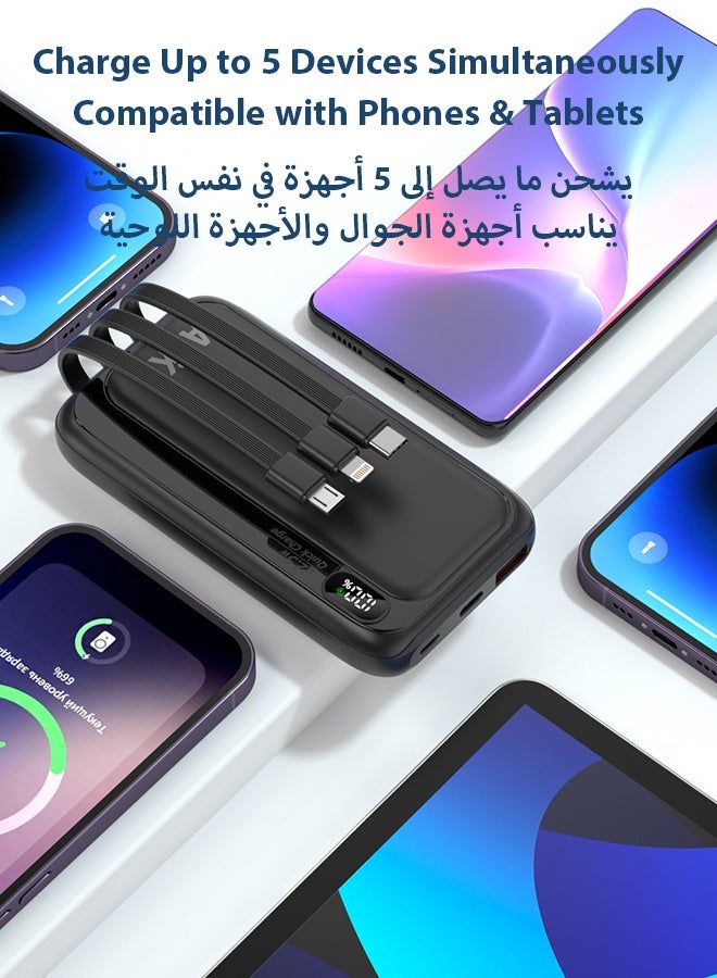 ماركة كورية M1 باور بانك 10000 مللي أمبير 22.5 واط شحن سريع مع كابلات مدمجة لايتنينغ Type-C مايكرو USB، شاشة رقمية، منافذ USB-A و Type-C، متوافق مع آيفون سامسونج هواوي – أسود - view 5