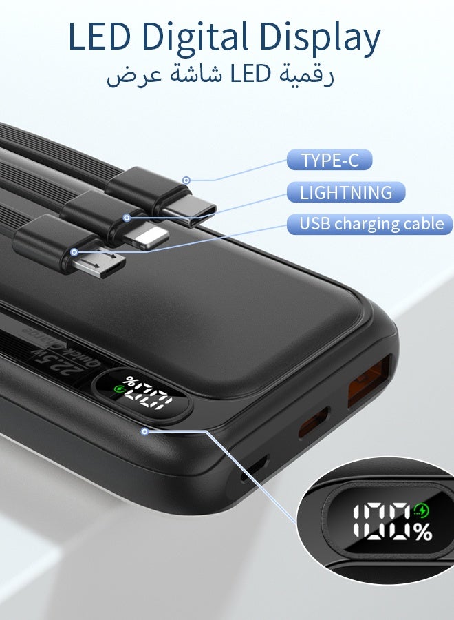 ماركة كورية M1 باور بانك 10000 مللي أمبير 22.5 واط شحن سريع مع كابلات مدمجة لايتنينغ Type-C مايكرو USB، شاشة رقمية، منافذ USB-A و Type-C، متوافق مع آيفون سامسونج هواوي – أسود - view 2