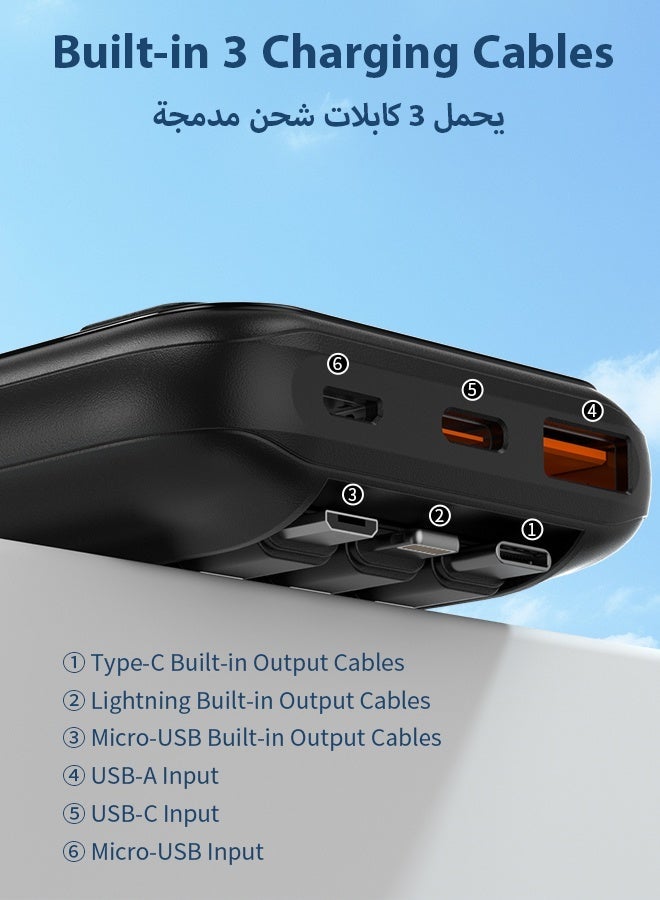 وابيك باور بانك ماركة كورية M1، شحن سريع 22.5 واط، كابلات مدمجة Lightning وType-C وMicro USB، شاشة رقمية، منافذ USB-A وType-C، متوافق مع iPhone وSamsung وHuawei، سعة 10000mAh – أسود - Image 2