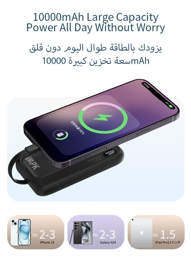 وابيك باور بانك ماركة كورية M1، شحن سريع 22.5 واط، كابلات مدمجة Lightning وType-C وMicro USB، شاشة رقمية، منافذ USB-A وType-C، متوافق مع iPhone وSamsung وHuawei، سعة 10000mAh – أسود - Image 4