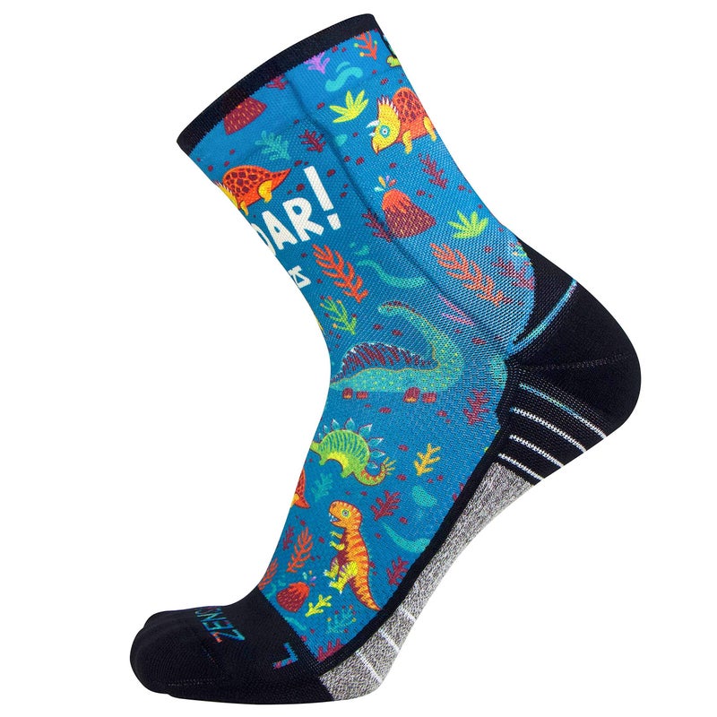 Zensah Limited Edition Running Socks - Fun and Crazy Mini Crew Compression Socks, Moisture Wicking and Anti Blister (Medium, Dinosaurs-Teal) - Image 1