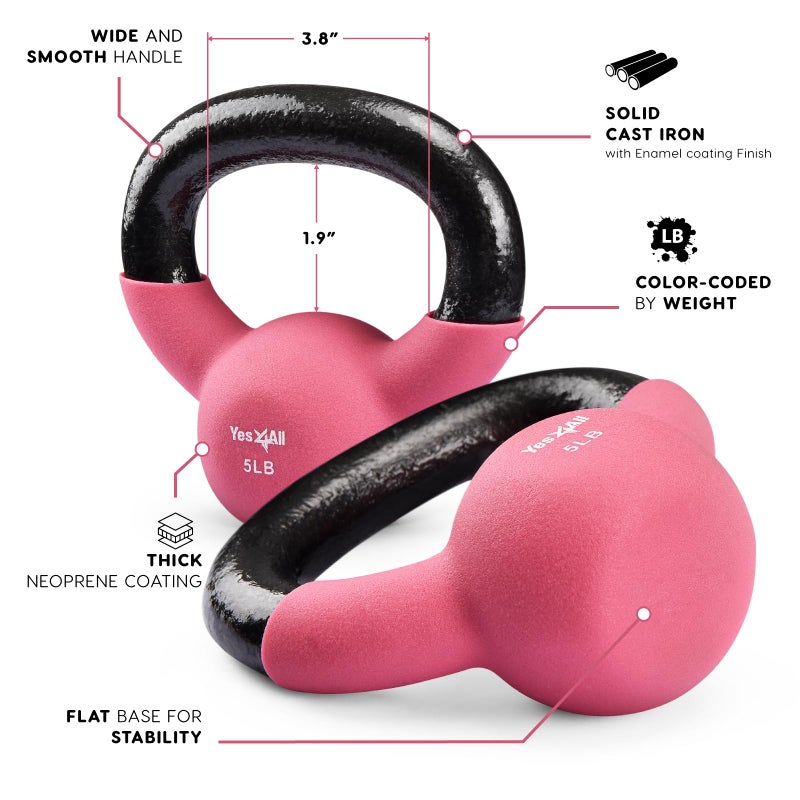 Yes4All Kettlebell, 5 LB Neoprene Coated Cast Iron Kettlebells, Wide Grip Handle & Flat Bottom for Swings, Squats, Deadlifts, Push Ups & Full Body Training at Home Gym - Image 3