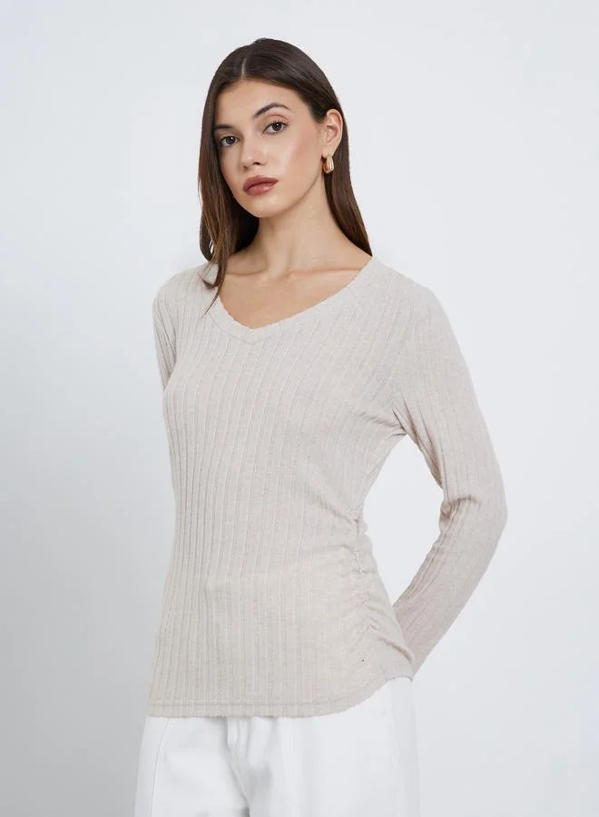 Styli Styli Beige Ribbed Knit Top