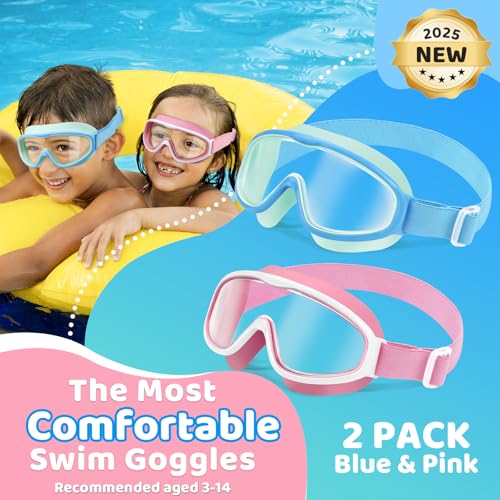 Vvinca Kids Goggles with Comfort Fabric Strap, Kids Swim Goggles Wide View Anti-Fog/UV No Leaking Swimming Goggles for 3-14 - Image 2