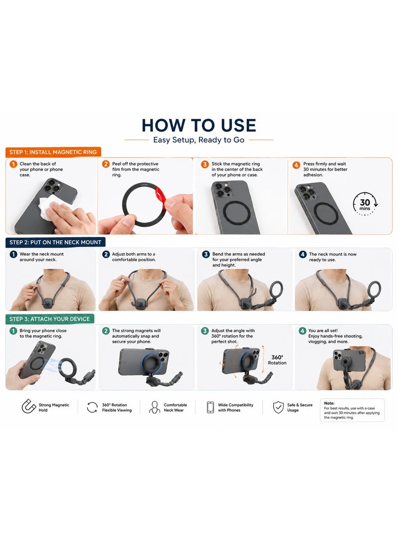 Shopit Magnetic Cell Phone Holder Neck Mount - 360° Rotation Flexible Magnetic Mobile Holder for Smartphone & Action Camera, Hands Free Phone Magnet Holder for Video Recording & Vlogging With Stability - Image 4