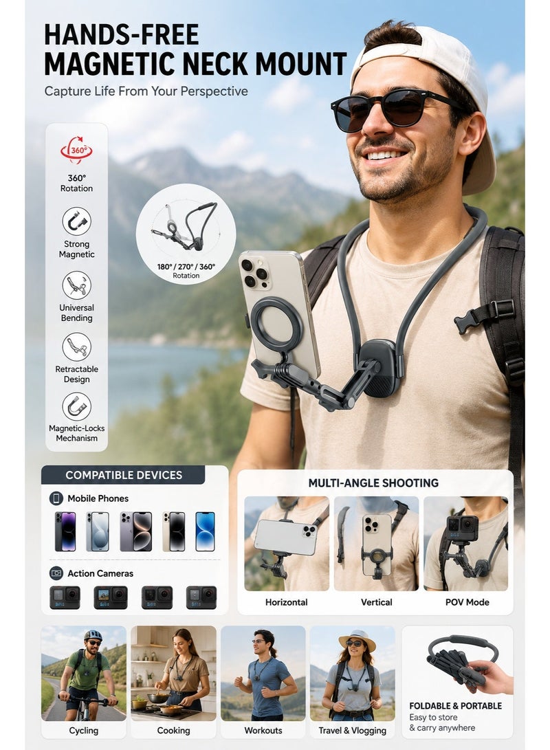 Shopit Magnetic Cell Phone Holder Neck Mount - 360° Rotation Flexible Magnetic Mobile Holder for Smartphone & Action Camera, Hands Free Phone Magnet Holder for Video Recording & Vlogging With Stability - Image 3