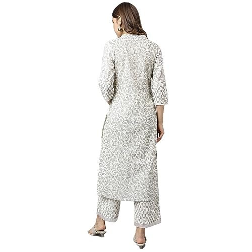 FIORRA Women's Off White Cotton A-line Kurta with Palazzo SET0091 - Image 4