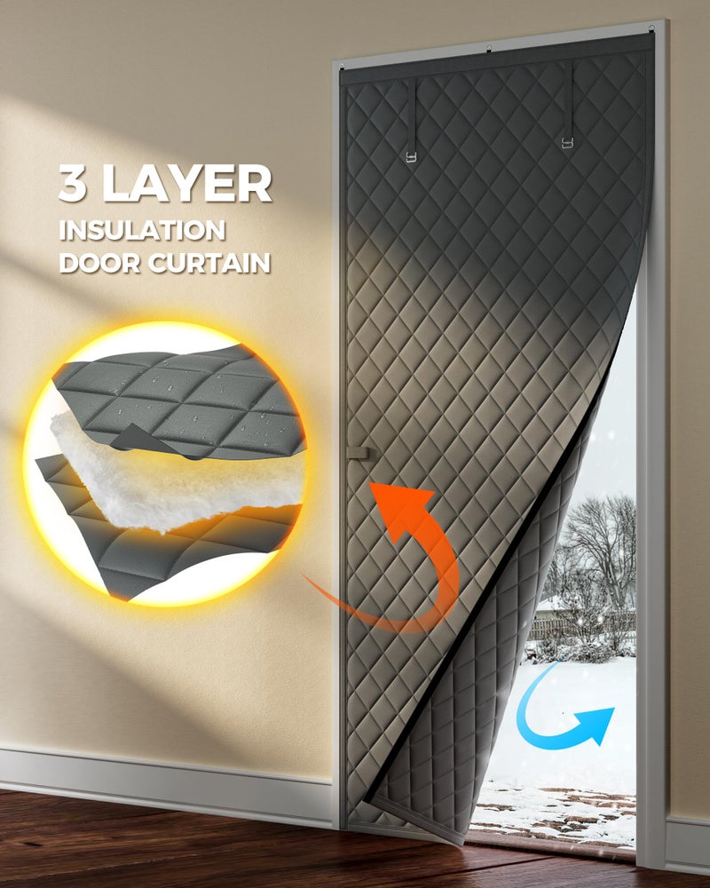 Augblinds Thermal Insulated Door Curtain Fits Door Size 48 x 80 Inch, Oxford Cloth Thicken Cotton Filled, Curtain Size 51" x 82", Single Piece Door Insulation Blanket Cover for Cold in Winter, Grey - Image 3