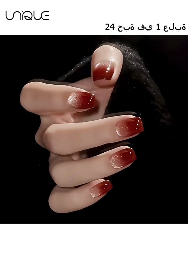 Unique 24Pcs Fake Nails, Press Nails,Short Ballet Nails -Gradient Manicure - Wine Red Shiny Nail Art - Fake Nail Patch  - Image 1