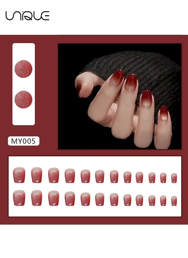 Unique 24Pcs Fake Nails, Press Nails,Short Ballet Nails -Gradient Manicure - Wine Red Shiny Nail Art - Fake Nail Patch  - Image 2