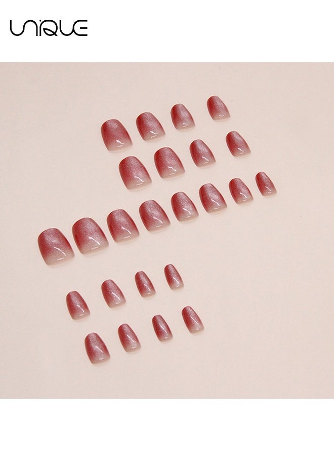 Unique 24Pcs Fake Nails, Press Nails,Short Ballet Nails -Gradient Manicure - Wine Red Shiny Nail Art - Fake Nail Patch  - Image 4