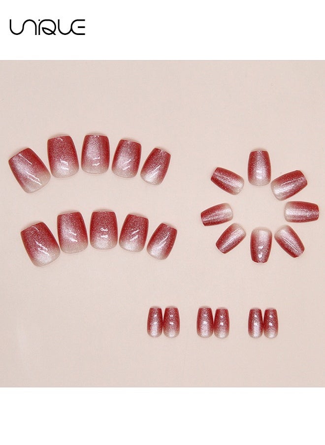 Unique 24Pcs Fake Nails, Press Nails,Short Ballet Nails -Gradient Manicure - Wine Red Shiny Nail Art - Fake Nail Patch  - Image 3