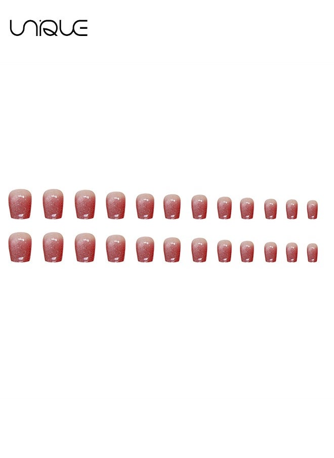 Unique 24Pcs Fake Nails, Press Nails,Short Ballet Nails -Gradient Manicure - Wine Red Shiny Nail Art - Fake Nail Patch  - Image 5