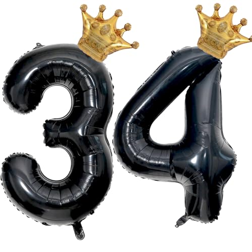 Florisland 40 inch Large Black 34 Balloon Number with Gold Crown Balloons 34th Birthday Big Foil Mylar Helium Balloon for Boys Girls 34th Birthday Anniversary Decorations Supplies FavorsNumber 34 Balloons - Image 1