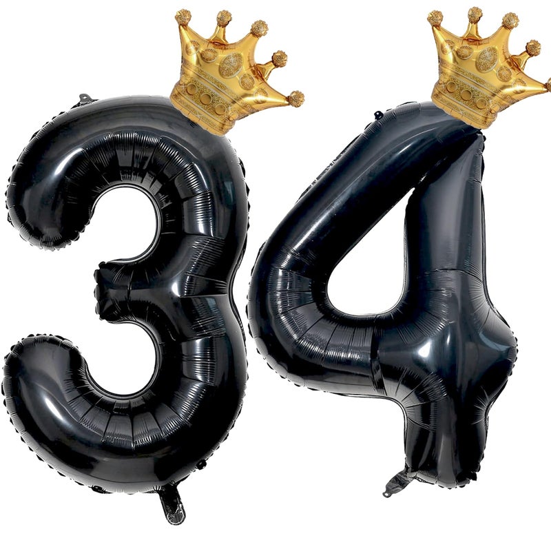 Florisland 40 inch Large Black 34 Balloon Number with Gold Crown Balloons 34th Birthday Big Foil Mylar Helium Balloon for Boys Girls 34th Birthday Anniversary Decorations Supplies FavorsNumber 34 Balloons - Image 3