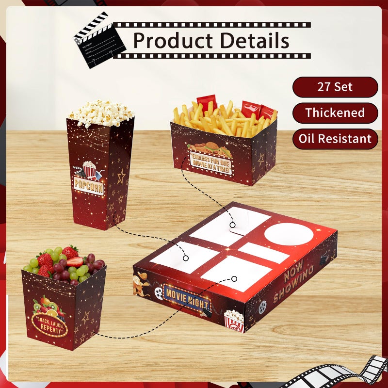 WSICSE 27 Set Movie Night Snack Trays, Disposable Paper Movie Snack Boxes Include 27 Trays, Popcorn Boxes, Salad Bowls, Nacho Bowls for Outdoor Cinema Home Theater Easter Party - Image 3