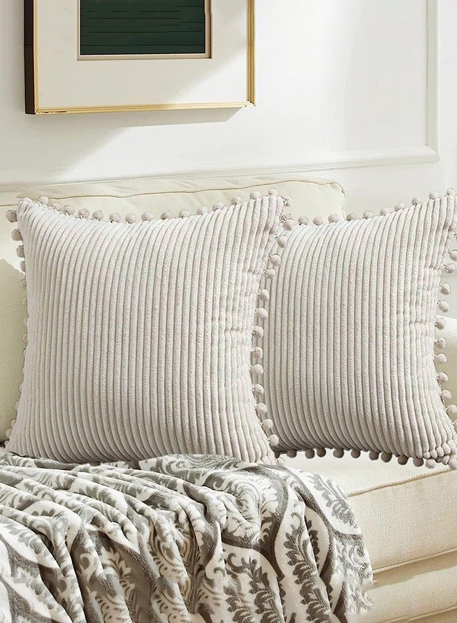 PACK OF 2 BOHO DECORATIVE THROW PILLOW COVERS WITH POM-POMS, SOFT CORDUROY ACCENT SOLID SQUARE CUSHION CASE SET FOR COUCH SOFA BEDROOM CAR LIVING ROOM