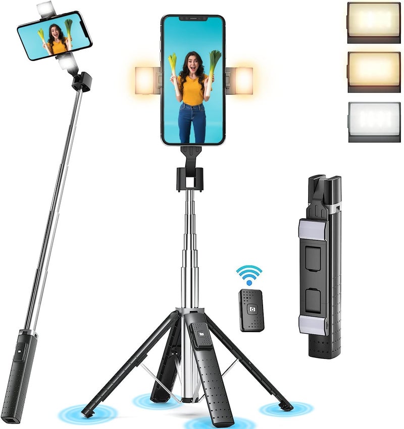 Sanyaa Selfie Stick Tripod Quadrapod with 2 Rechargeable Fill Light, Extendable Tripod with Bluetooth Remote, Stainless Steel, 3 Light Modes, 9 Brightness Levels, Compatible for All iPhone & Android - Image 1