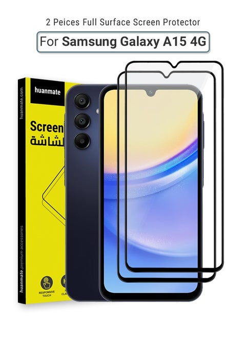 2 Pieces Samsung Galaxy A15 4G Screen Protector – Premium Edge to Edge Tempered Glass, High Transparency, Delicate Touch, Anti-Explosion, Smooth Arc Edges, Easy Installation