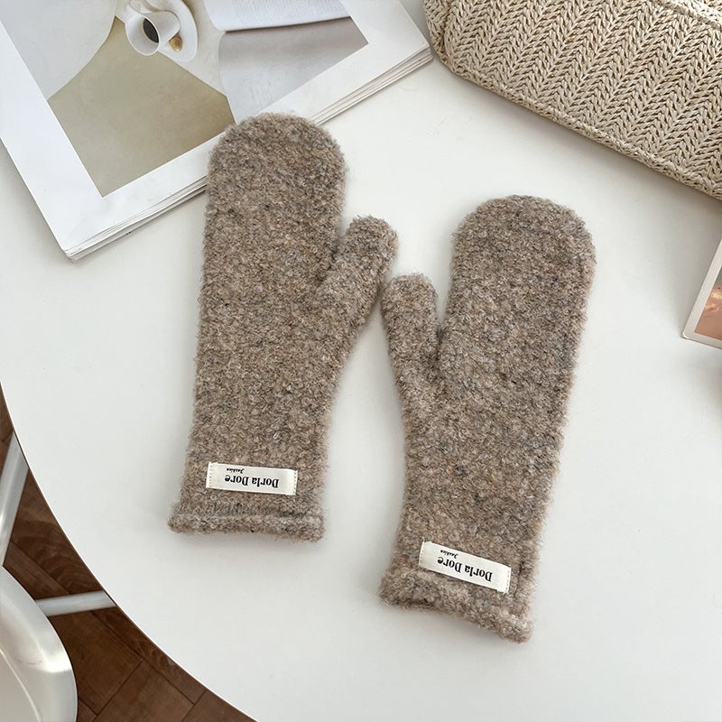 Casual new solid color personalized plush warm mittens winter cold-proof comfortable printed woven label curly gloves Light coffee