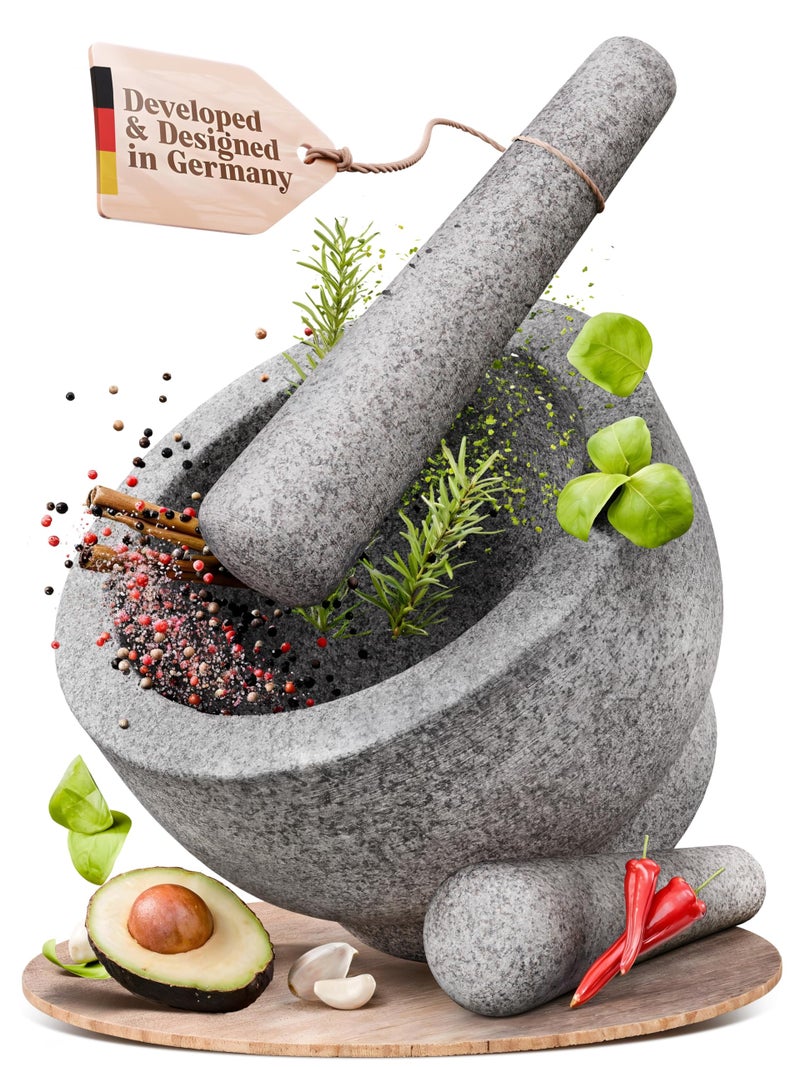 ChefSofi Extra Large 8 Inch 5 Cup-Capacity Mortar and Pestle Set - One Huge Mortar and Two Pestels: 8.5 inch and 6.5 inch - Unpolished Heavy Granite for Enhanced Performance and Organic Appearance - Image 1