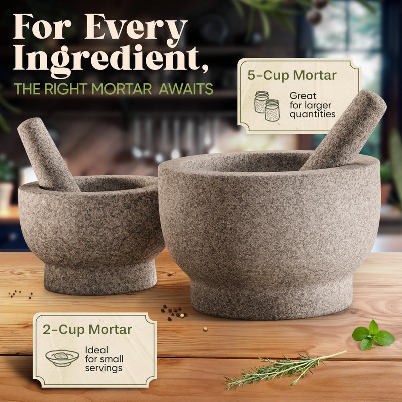 ChefSofi Extra Large 8 Inch 5 Cup-Capacity Mortar and Pestle Set - One Huge Mortar and Two Pestels: 8.5 inch and 6.5 inch - Unpolished Heavy Granite for Enhanced Performance and Organic Appearance - Image 4