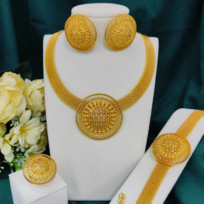24K Gold Plated Jewelry Set for Women - Necklace, Bracelet, Earrings, Ring - Bridal Wedding Party Collection