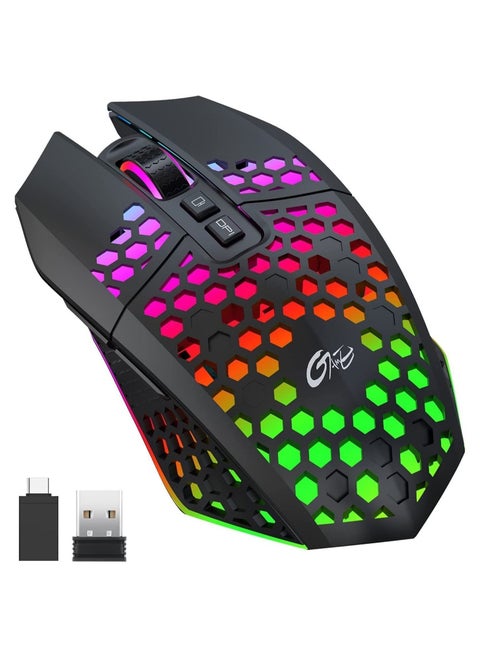 X801 Wireless Lightweight Gaming Mouse, Ultralight Honeycomb Optical Rechargeable LED Mouse with RGB Backlit, USB Receiver, 7 Button, One-Click Desktop (Black)