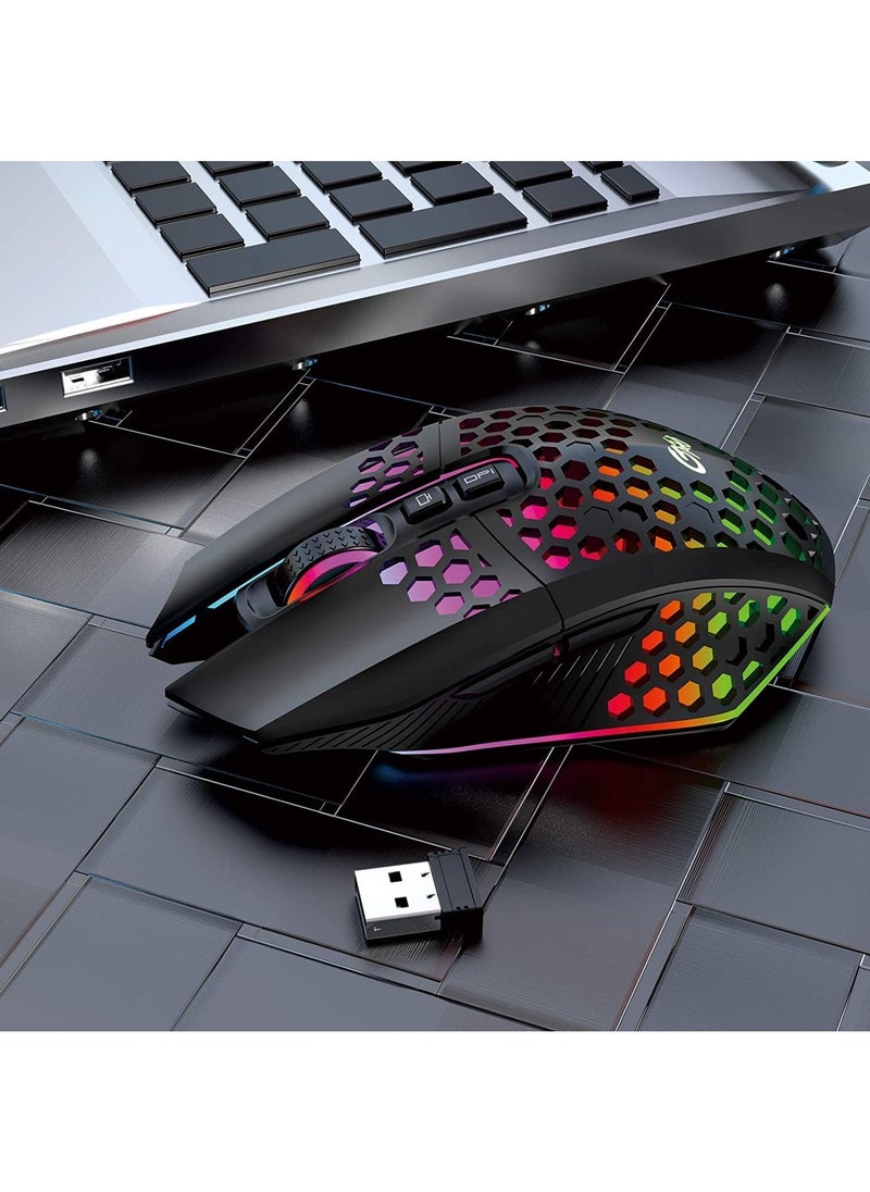 Generic - X801 Wireless Lightweight Gaming Mouse, Ultralight Honeycomb Optical Rechargeable LED Mouse with RGB Backlit, USB Receiver, 7 Button, One-Click Desktop (Black) - Image 1
