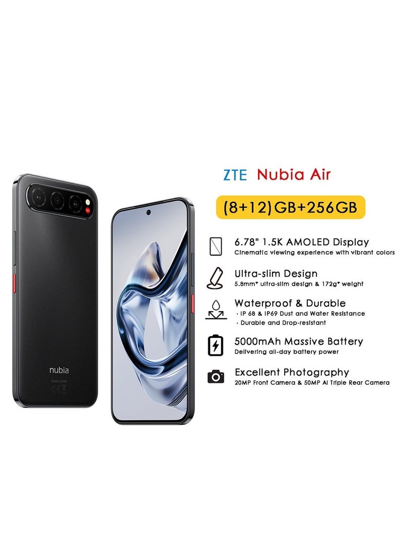 ZTE Mobile Nubia Air Ultra-Slim Dual SIM Titanium black  8GB+12GB RAM 256GB 5G - Middle East Version & Riversong Rhythm L EA33 Wireless & Wired Headphones – Bluetooth 5.0, 3.5mm Audio Cable, 500mAh Battery, Up to 10 Hours Playtime, High Quality Sound – Black Bundle - Image 2