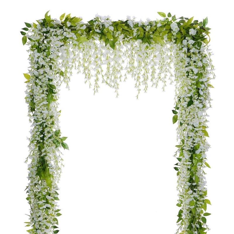 Lvydec Wisteria Artificial Flowers Garland, 4Pcs Total 28.8ft White Artificial Wisteria Vine Silk Hanging Flower for Home Garden Outdoor Ceremony Wedding Arch Floral Decor - Image 1