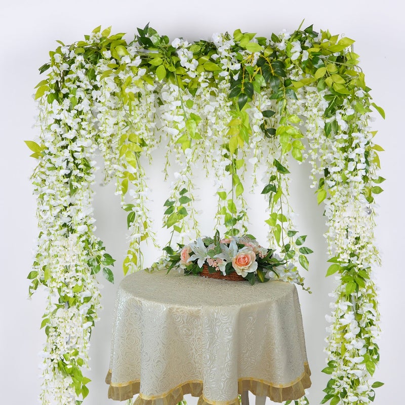 Lvydec Wisteria Artificial Flowers Garland, 4Pcs Total 28.8ft White Artificial Wisteria Vine Silk Hanging Flower for Home Garden Outdoor Ceremony Wedding Arch Floral Decor - Image 3