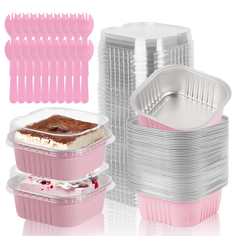 CXIIPOL 20 Pack 10oz Mini Cake Pans with Lids, 4.4x4.4 Inch Aluminum Foil Square Baking Cups with Spoons, Disposable Large Baking Cake Cup Containers with Lids for Party, Wedding, Birthdays, Pink - Image 1