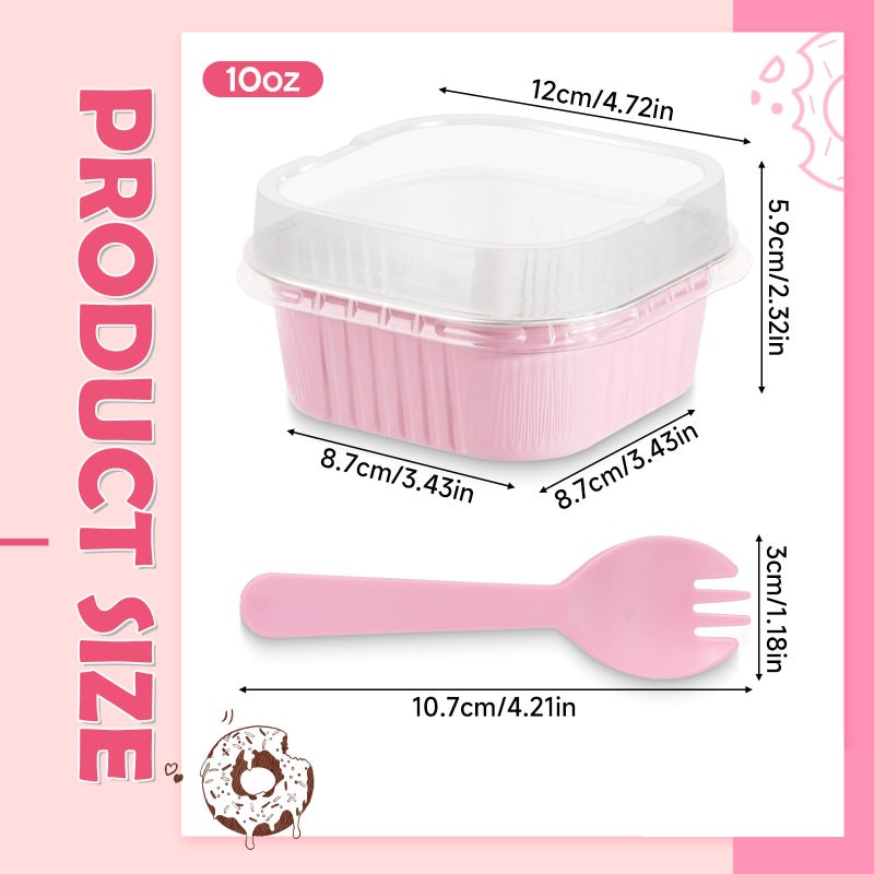 CXIIPOL 20 Pack 10oz Mini Cake Pans with Lids, 4.4x4.4 Inch Aluminum Foil Square Baking Cups with Spoons, Disposable Large Baking Cake Cup Containers with Lids for Party, Wedding, Birthdays, Pink - Image 2