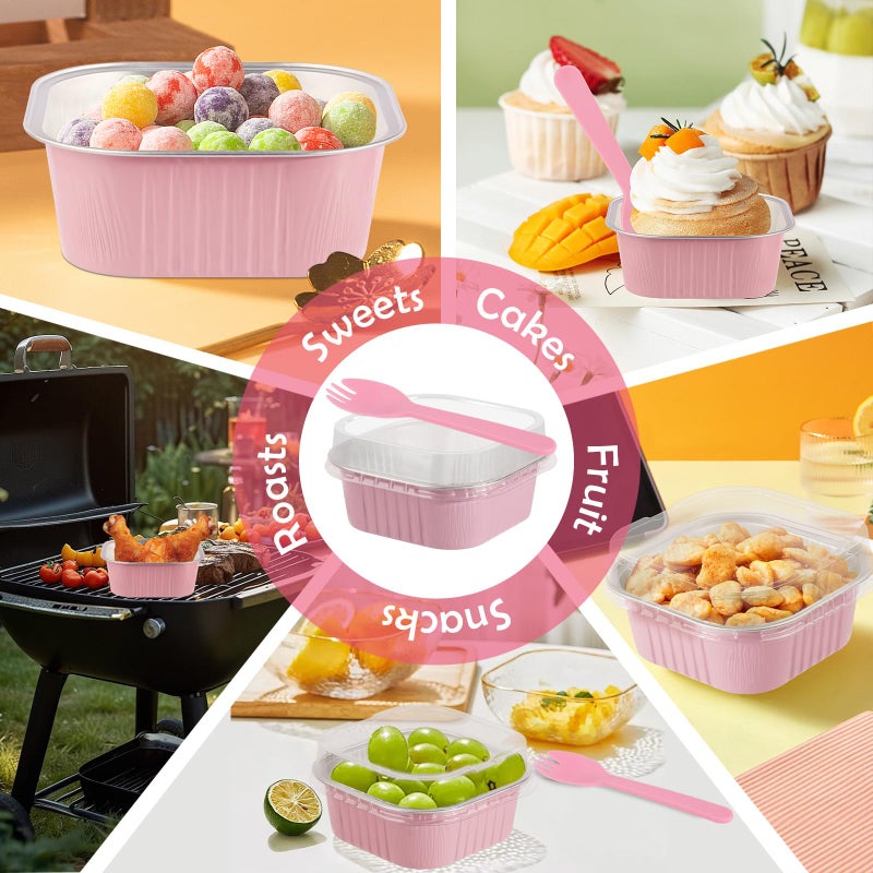 CXIIPOL 20 Pack 10oz Mini Cake Pans with Lids, 4.4x4.4 Inch Aluminum Foil Square Baking Cups with Spoons, Disposable Large Baking Cake Cup Containers with Lids for Party, Wedding, Birthdays, Pink - Image 5