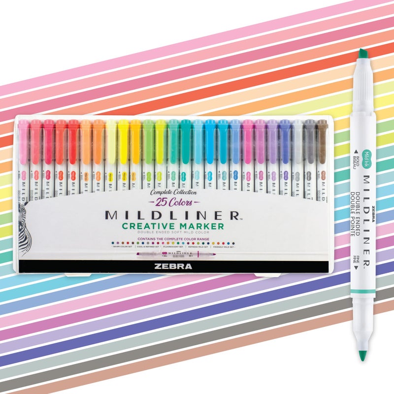 Zebra Pen Mildliner Dual-Tip Highlighter Marker Set, Broad and Fine Point Tips, No Bleed, Ideal for Bible Highlighting, Journaling, School and Office Supplies, Assorted Ink Colors, 25-Pack (78525) - Image 1