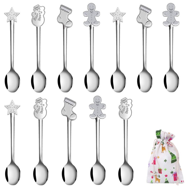 Aneco 24 Pack Christmas Mini Spoons Set Stainless Steel Spoon for Coffee Tea Soup Sugar Dessert Seasoning Ice Cream