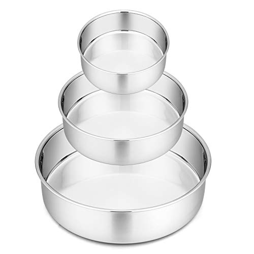 P&P CHEF Cake Pan Set of 3, 4" + 6" + 8" Round Baking Layer Tier Cake Pans Tins, Stainless Steel Bakeware for Birthday Weeding, Heavy Duty & Non Toxic, Mirror Finish & Dishwasher Safe - Image 1