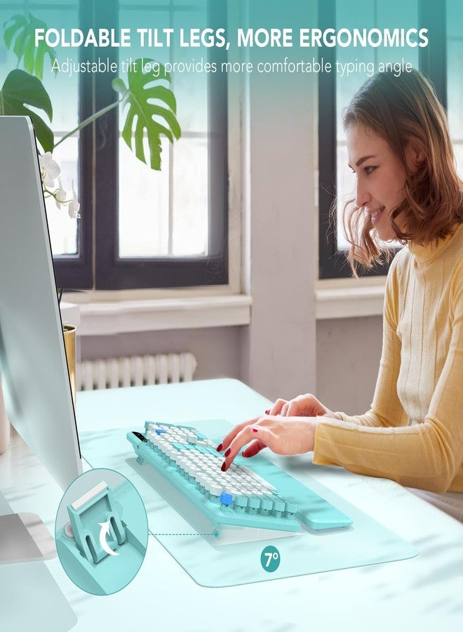 SABLUTE Wireless Keyboard, Round Keycaps, Retro Typewriter Keyboard with Detachable Wrist Rest, Sleep Mode, Foldable Legs, 2.4GHz Full-size Cordless Computer Keyboard for Windows/PC/Laptop (Colorful-Blue) - Image 3