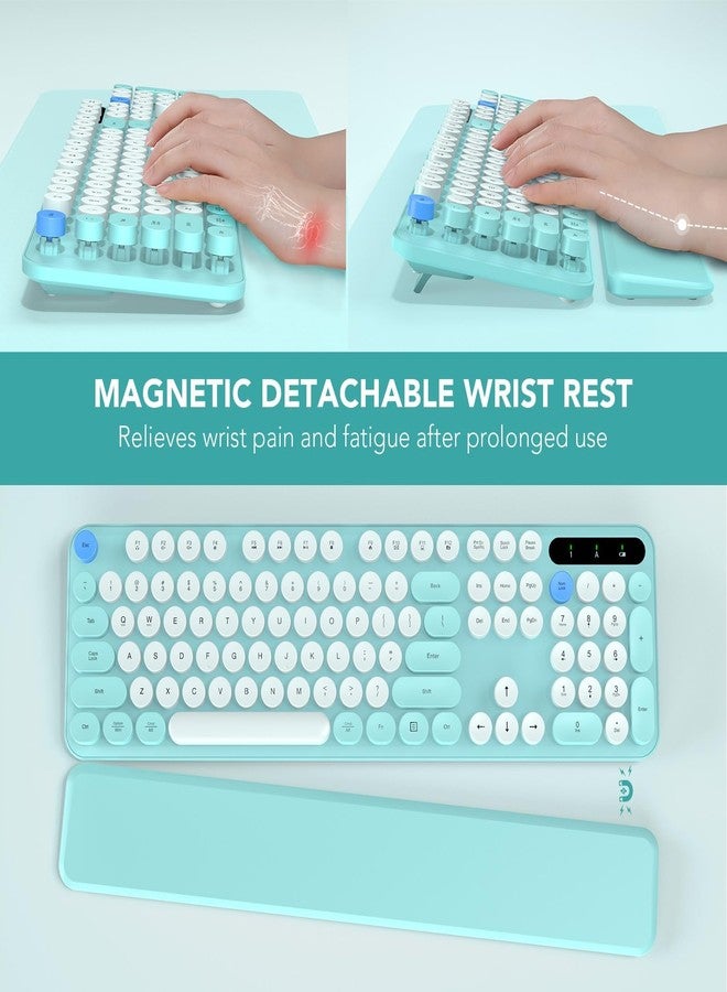 SABLUTE Wireless Keyboard, Round Keycaps, Retro Typewriter Keyboard with Detachable Wrist Rest, Sleep Mode, Foldable Legs, 2.4GHz Full-size Cordless Computer Keyboard for Windows/PC/Laptop (Colorful-Blue) - Image 2