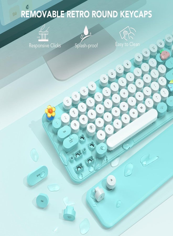 SABLUTE Wireless Keyboard, Round Keycaps, Retro Typewriter Keyboard with Detachable Wrist Rest, Sleep Mode, Foldable Legs, 2.4GHz Full-size Cordless Computer Keyboard for Windows/PC/Laptop (Colorful-Blue) - Image 4