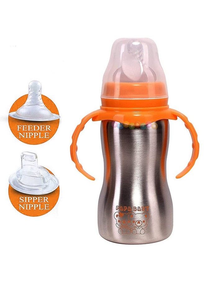 DOMENICO - World Baby Feeding Bottle In Stainless Steel Rganic Kidz High Grade Stainless Steel 2 In 1 Sipper And Feeding Bottle With Silicone Nipple For Baby (Orange 240 Ml) - Image 1