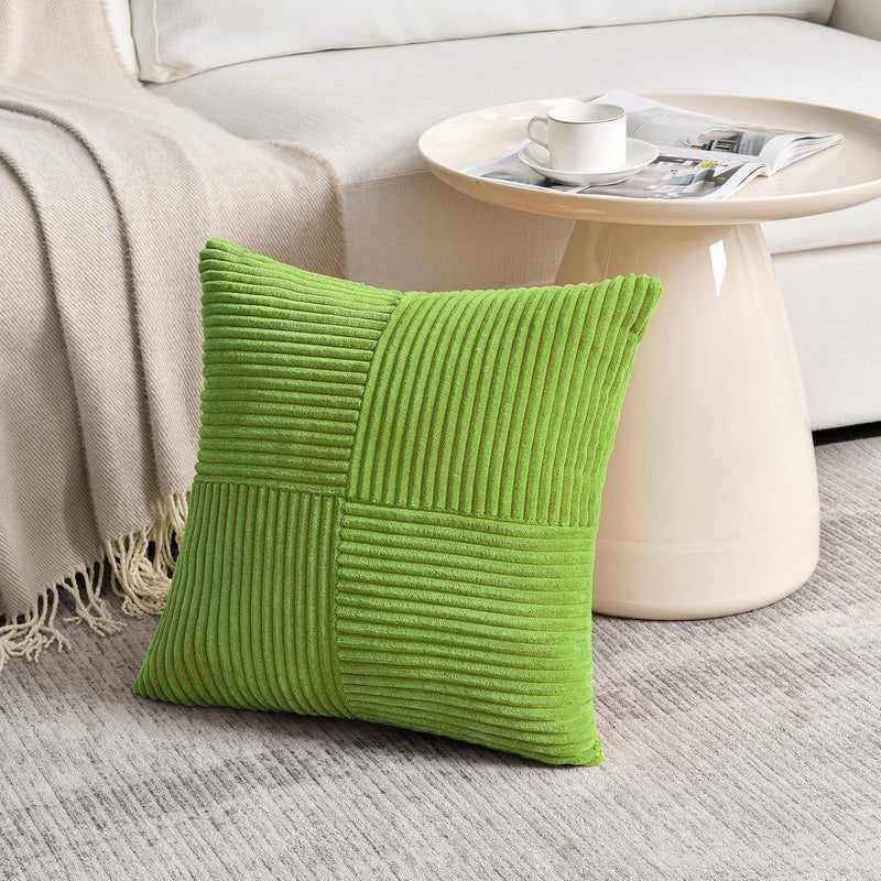 Fancy Homi Set of 2 Lime Green Decorative Throw Pillow Covers 18x18 Inch with for Couch Bed Sofa Living Room, Soft Cross Patchwork Striped Corduroy Modern Square Cushion Case 45x45 cm - Image 2