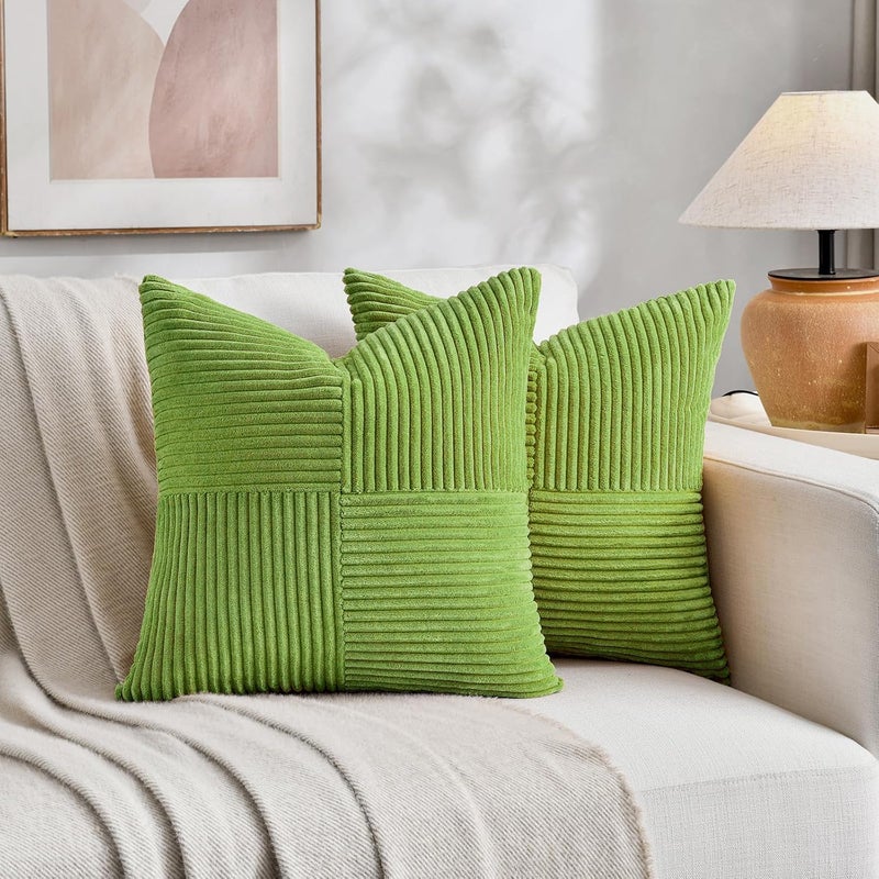 Fancy Homi Set of 2 Lime Green Decorative Throw Pillow Covers 18x18 Inch with for Couch Bed Sofa Living Room, Soft Cross Patchwork Striped Corduroy Modern Square Cushion Case 45x45 cm - Image 5