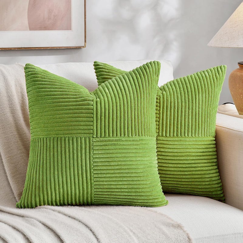 Fancy Homi Set of 2 Lime Green Decorative Throw Pillow Covers 18x18 Inch with for Couch Bed Sofa Living Room, Soft Cross Patchwork Striped Corduroy Modern Square Cushion Case 45x45 cm - Image 1