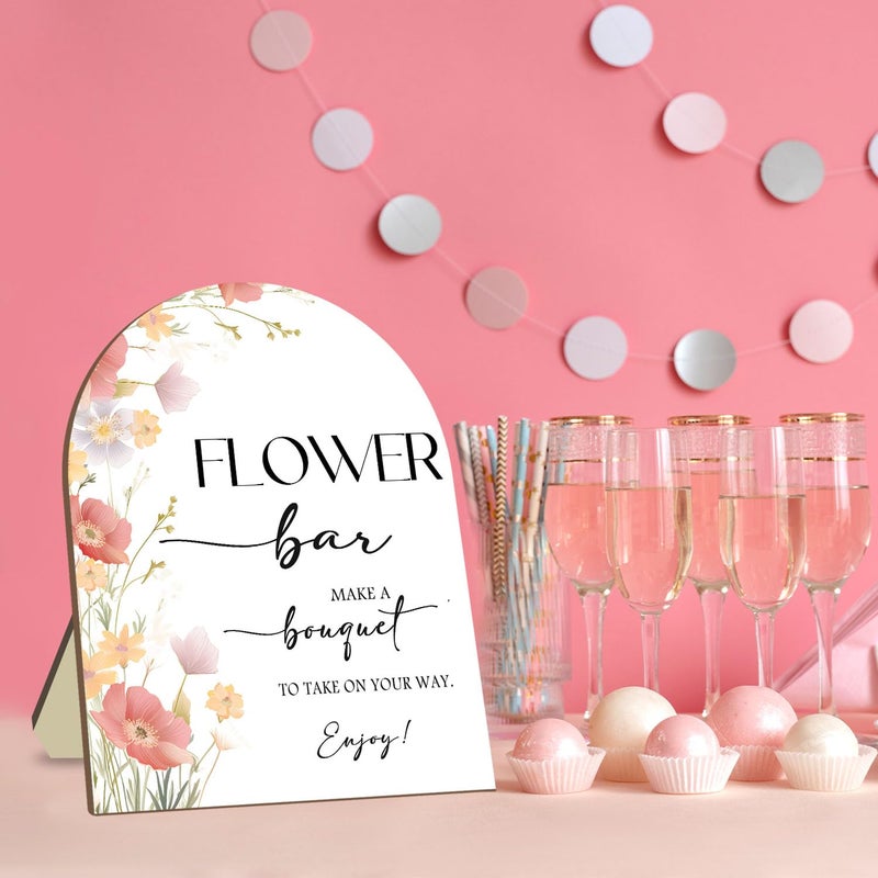 Hatzelou Flower Bar Wooden Sign with Stand, Pink Floral Bridal Shower Sign, Wedding Welcome Sign, Wedding Decor Supplies, Party Supplies for Wedding Reception 8 x 10 In - Image 3