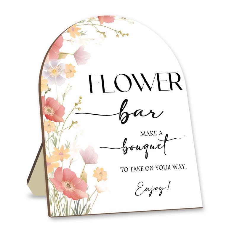 Hatzelou Flower Bar Wooden Sign with Stand, Pink Floral Bridal Shower Sign, Wedding Welcome Sign, Wedding Decor Supplies, Party Supplies for Wedding Reception 8 x 10 In - Image 1