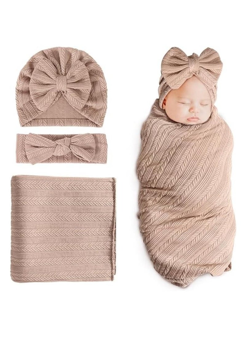 iMissiu - Newborn Swaddle Set with Matching Hat and Headband, Receiving Headband Blankets Muslin Baby Swaddle Blankets Stretchy Baby Blankets for Girls and Boys - Image 1