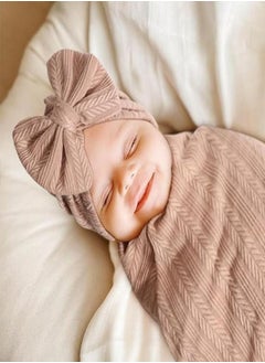 iMissiu Newborn Swaddle Set with Matching Hat and Headband, Receiving Headband Blankets Muslin Baby Swaddle Blankets Stretchy Baby Blankets for Girls and Boys  - Image 4
